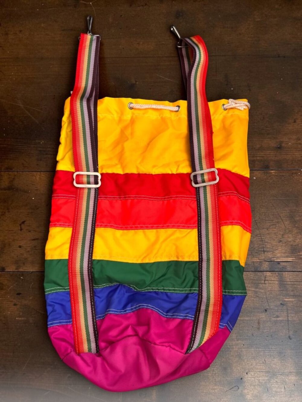 Vintage Rainbow Stripe Nylon Drawstring Bucket Bag With Straps And Multi-Color D